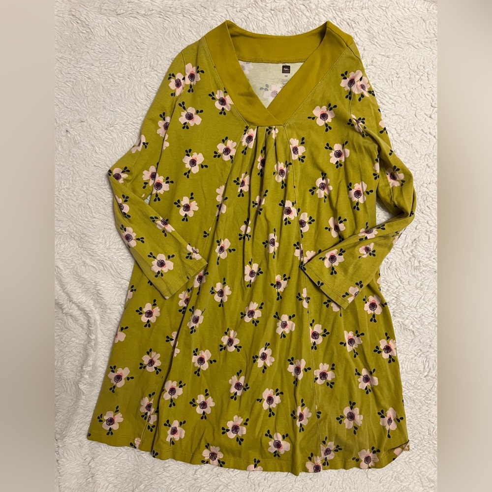 Tea collection mustard floral dress long sleeved euc cotton size 12